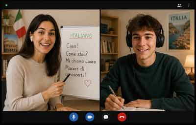 A student having an online Italian lesson via laptop with a native speaker tutor